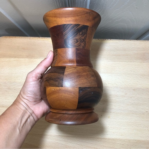 Vintage Handcrafted Inlaid Wood Brown Tan Parquetry Vase - Picture 5 of 10